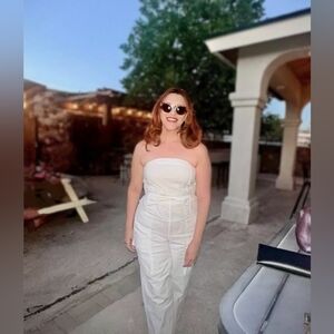 White Denim Strapless Cargo Jumpsuit